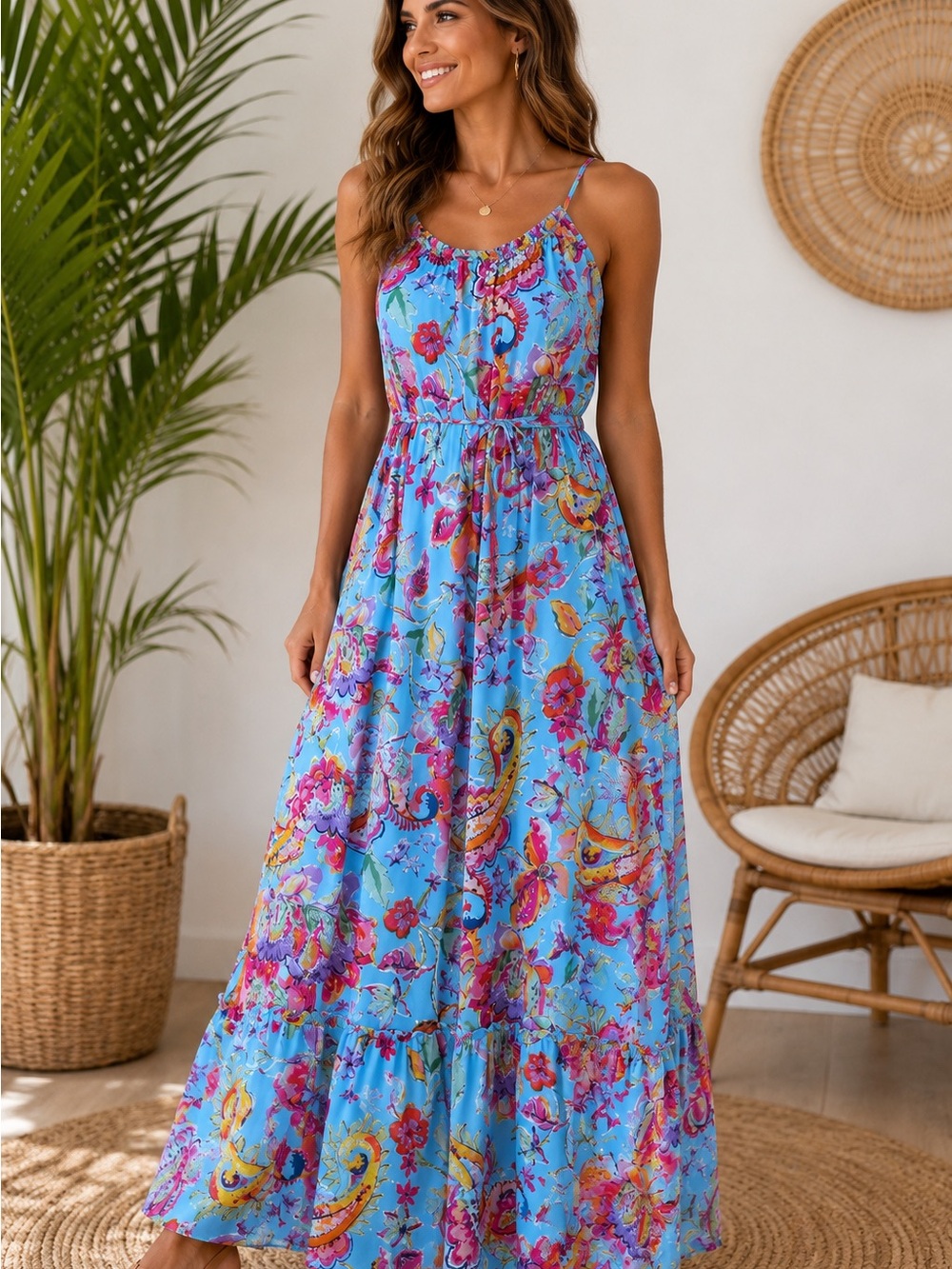 Sky Blue Floral Paisley Maxi Dress with Spaghetti Straps